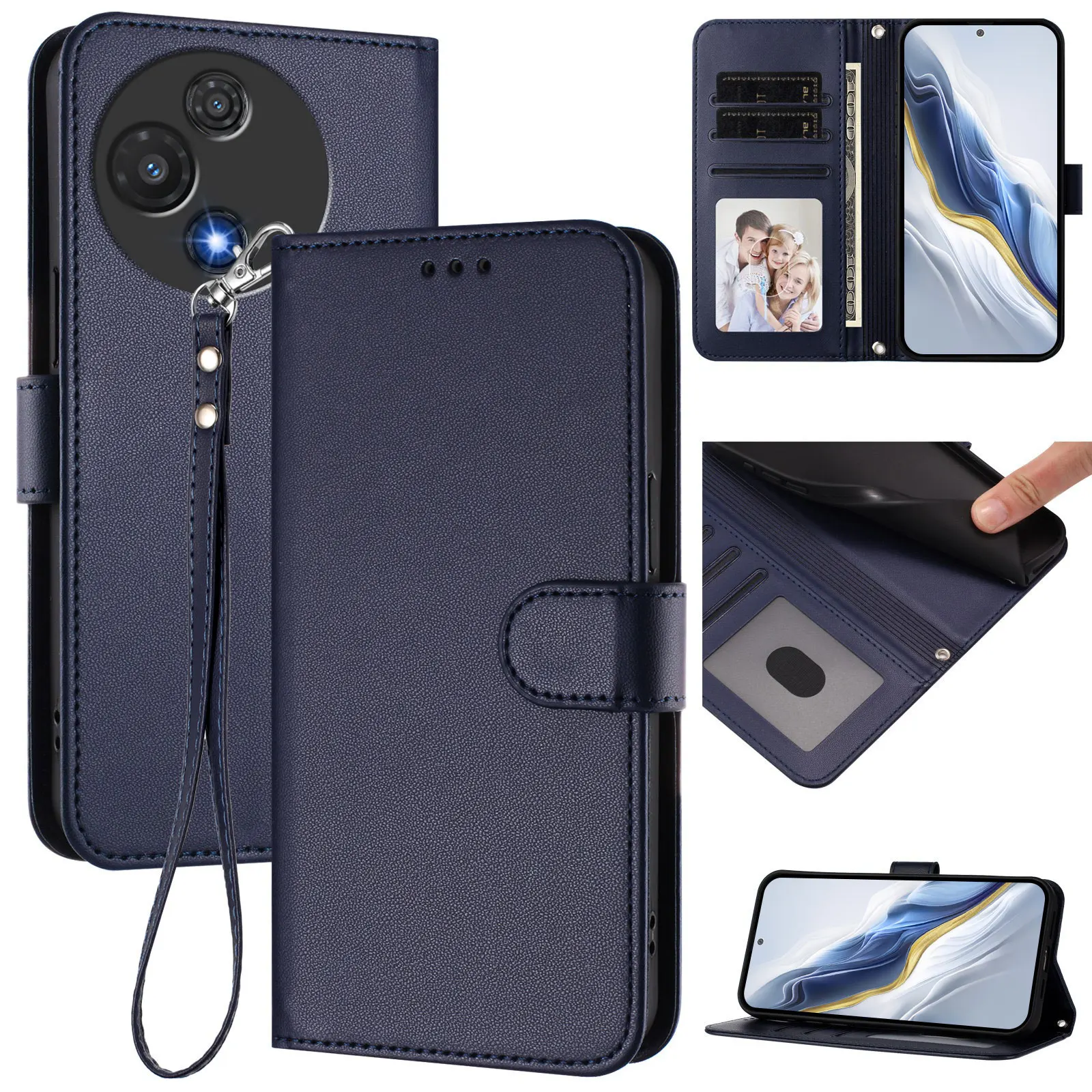 Leather Flip Wallet Lanyard Case with Magnetic Book Cover Stand Holder