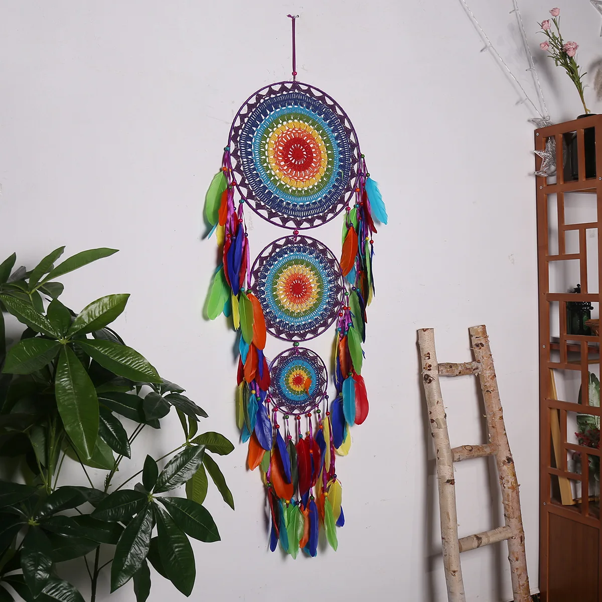 

Indian Style Feather Dreamcatcher Pendant Creative Three Rings Rattan Ring Dream Bedroom Garden Decorate Handwoven Creative Gift