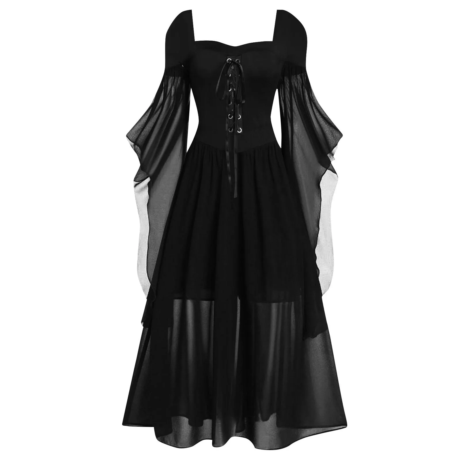 

Medieval Mesh Patchwork Maxi Dress Gothic Retro Punk Long Bell Sleeve Square Collar Drawstring Witch Cosplay Dresses Hallowen