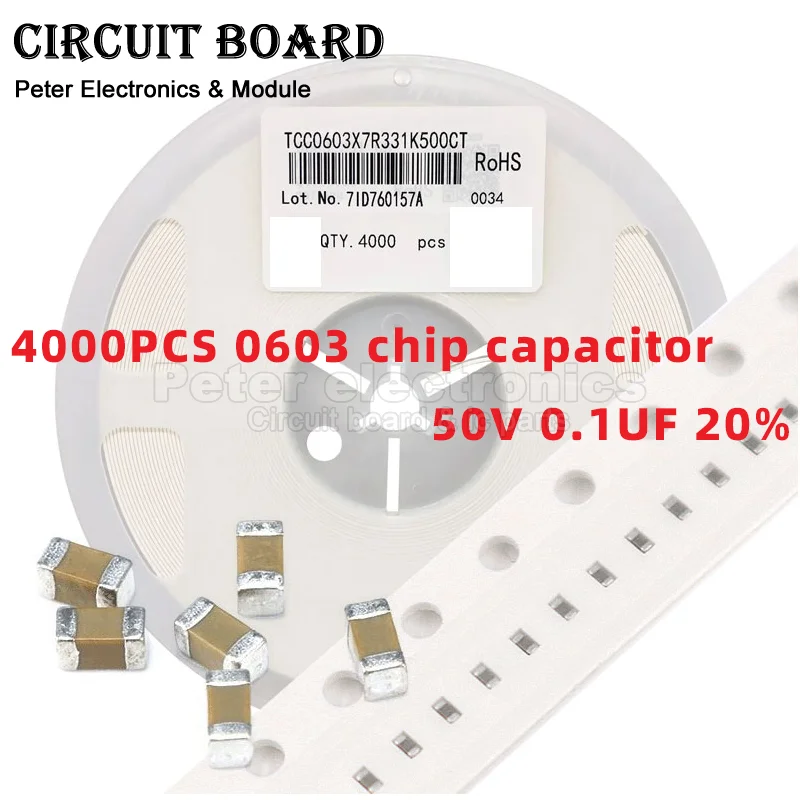 

4000PCS/LOTE 0603 50V SMD Thick Film Chip Multilayer Ceramic Capacitor 0.1UF 100nf 50V 104M 20%