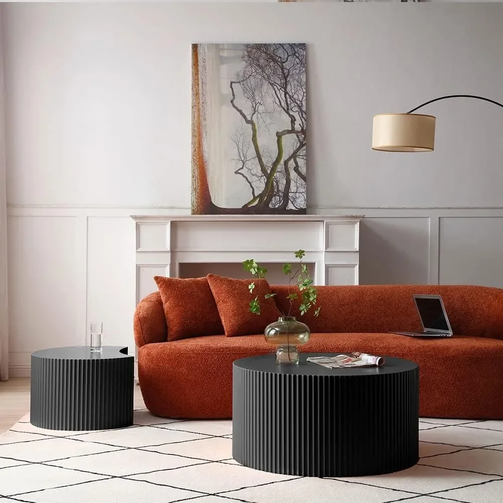 Black Round Coffee Table Set of 2, Modern Drum Coffee Tables with Moon Side Tables Set Wooden Nesting Coffee Table with Fluted 5