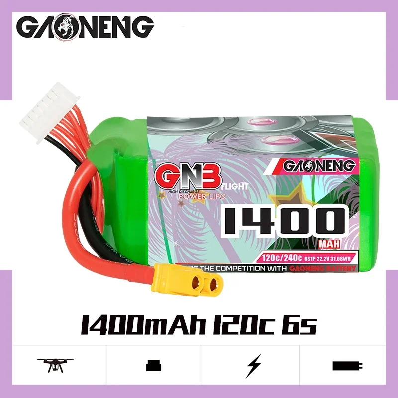 

GAONENG GNB 1400 мАч 6S 120C 240C 22,2 в XT60 LiPo батарея 5-6 дюймов Дрон 180-330 мм бесщеточный FPV Crocodile5 Baby