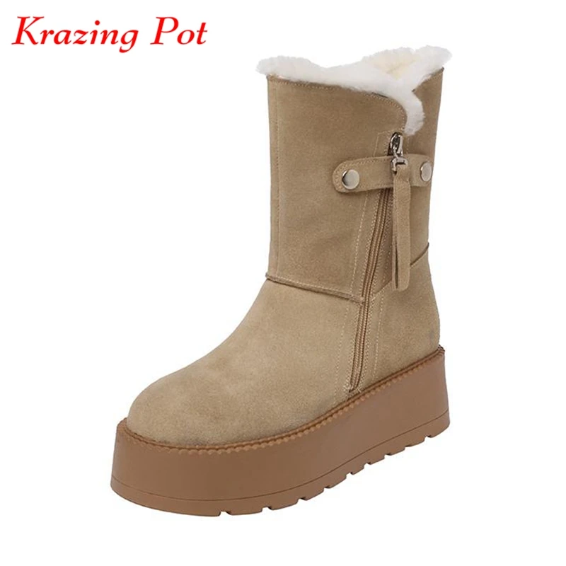 

Krazing Pot Cow Suede Wool Natural Fur Round Toe Winter Warm Casual Platform Snow Boots Flat Platform Cold-resistant Ankle Boots
