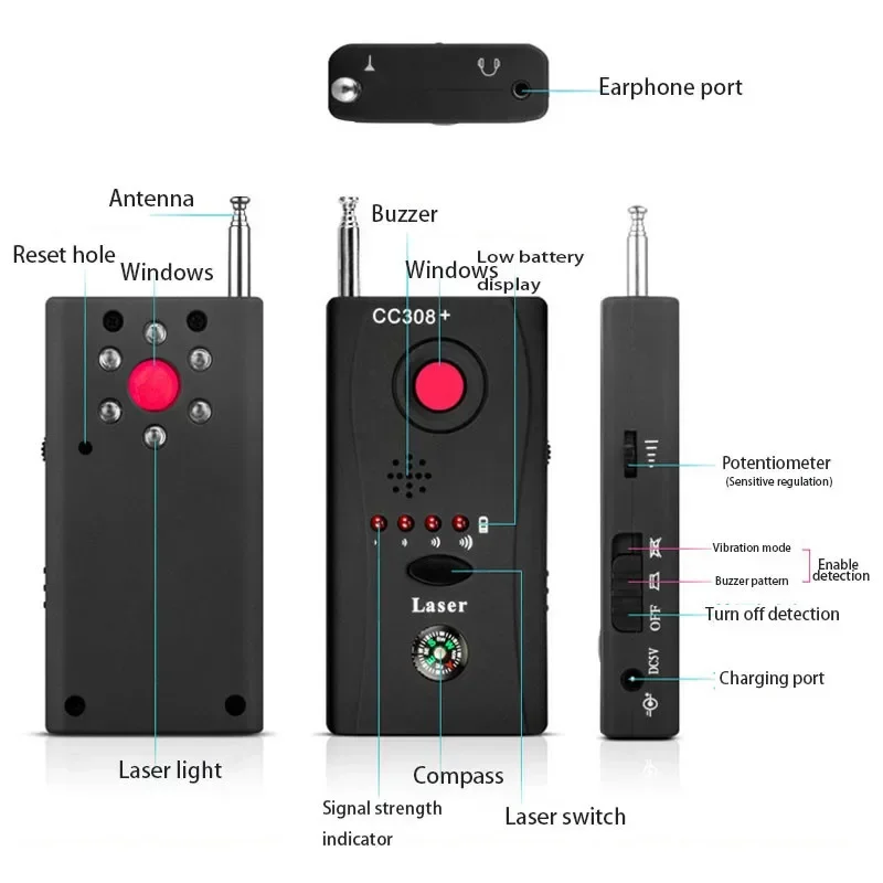 Hidden Camera Detector Infrared Camera Detector Camera Detector Signal Detector CC308+ Multi-Function Wireless Camera Lens Signal Detector Radio Wave Signal Detect Camera Full-range WiFi RF GSM Device Finder