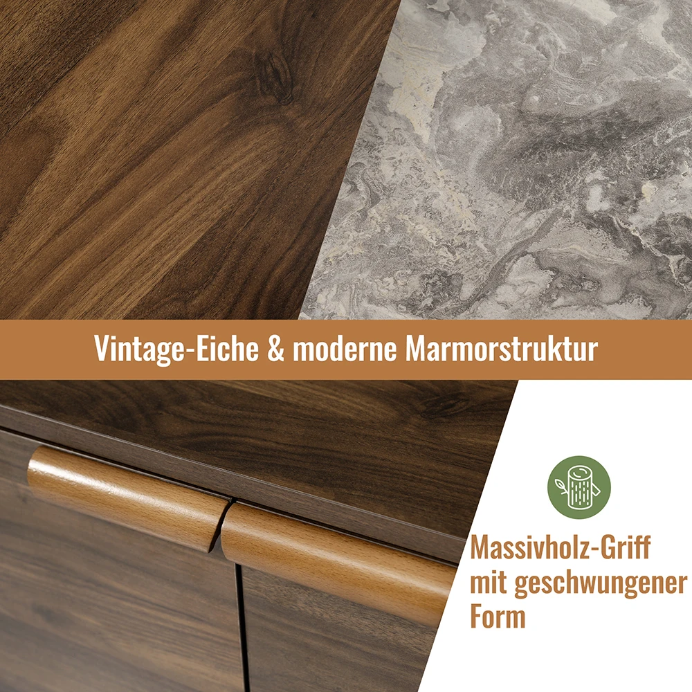 KOMHTOM Wohnzimmer Kommode in Eiche Dekor mit Marmor-Optik Platte - 3 Schubladen & Doppeltürschrank - Massivholzbeine – Detail 6