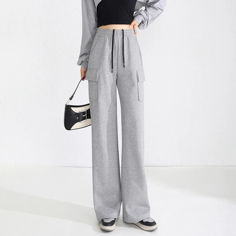 Women's Spring Autumn Solid Elastic High Waisted Pockets, Casual Wide Leg Drawstring Work Clothes Loose Trousers Fashion Pants