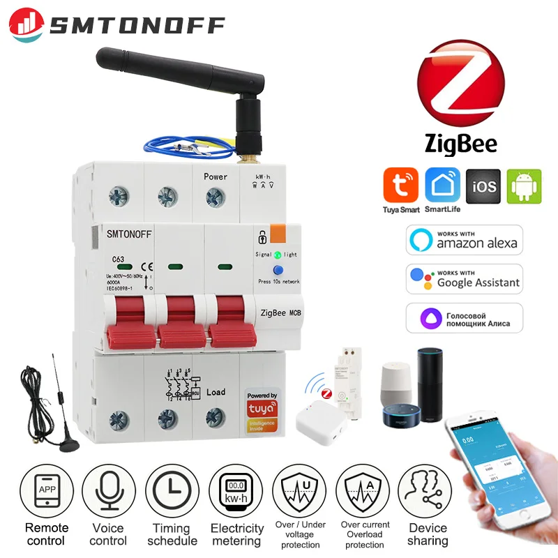 

Tuya Zigbee 3P Smart Circuit Breaker With Metering Multifuntion Protector Voice Control Alexa Google Alice