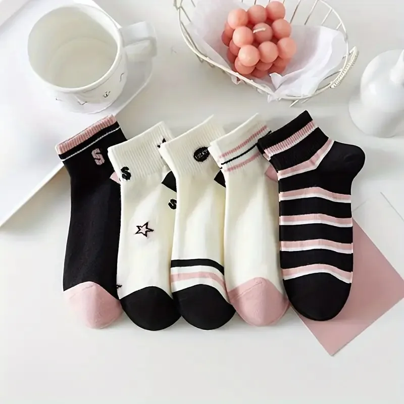 Sports Socks 5 Pairs Star & Striped Socks College Style Short Socks Women's Stockings & Hosiery
