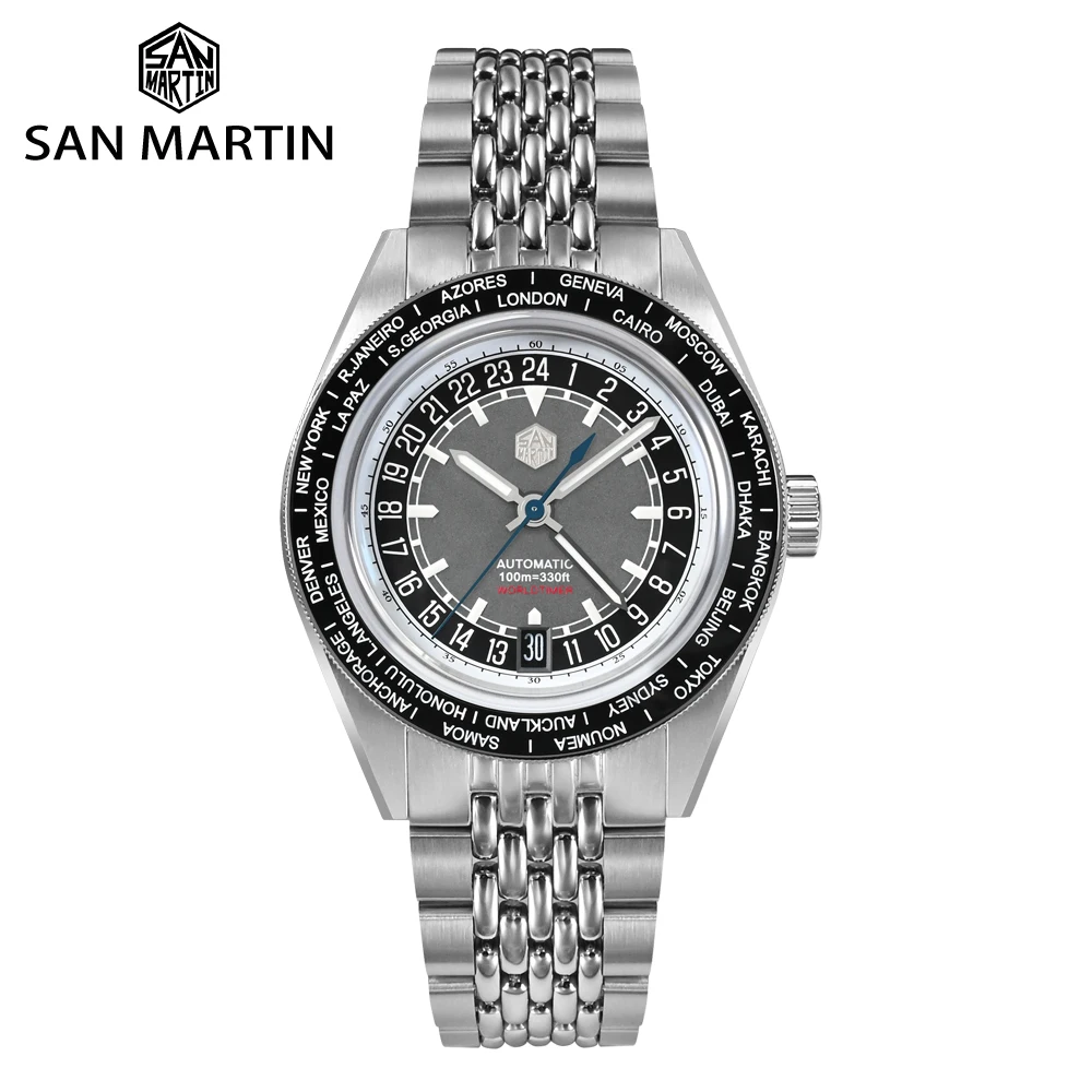 San Martin Original Limited Edition 39.5Mm Nh34 Automatic World Timer Orologi Per Uomo Gmt 10Bar 6H Data 24 Fuso Orario Sn0116-1/2