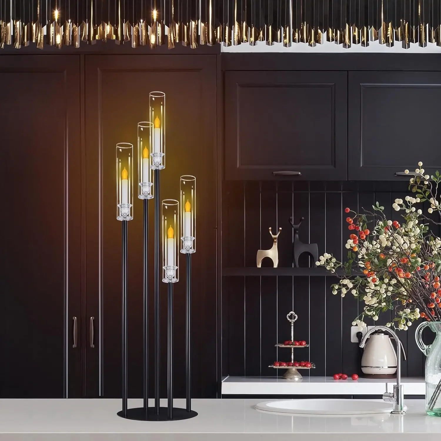 Black Taper Candle Holders for LED Candles Metal 5 Arms Candelabra Candlestick Holders for Wedding Engagement Party Decoration