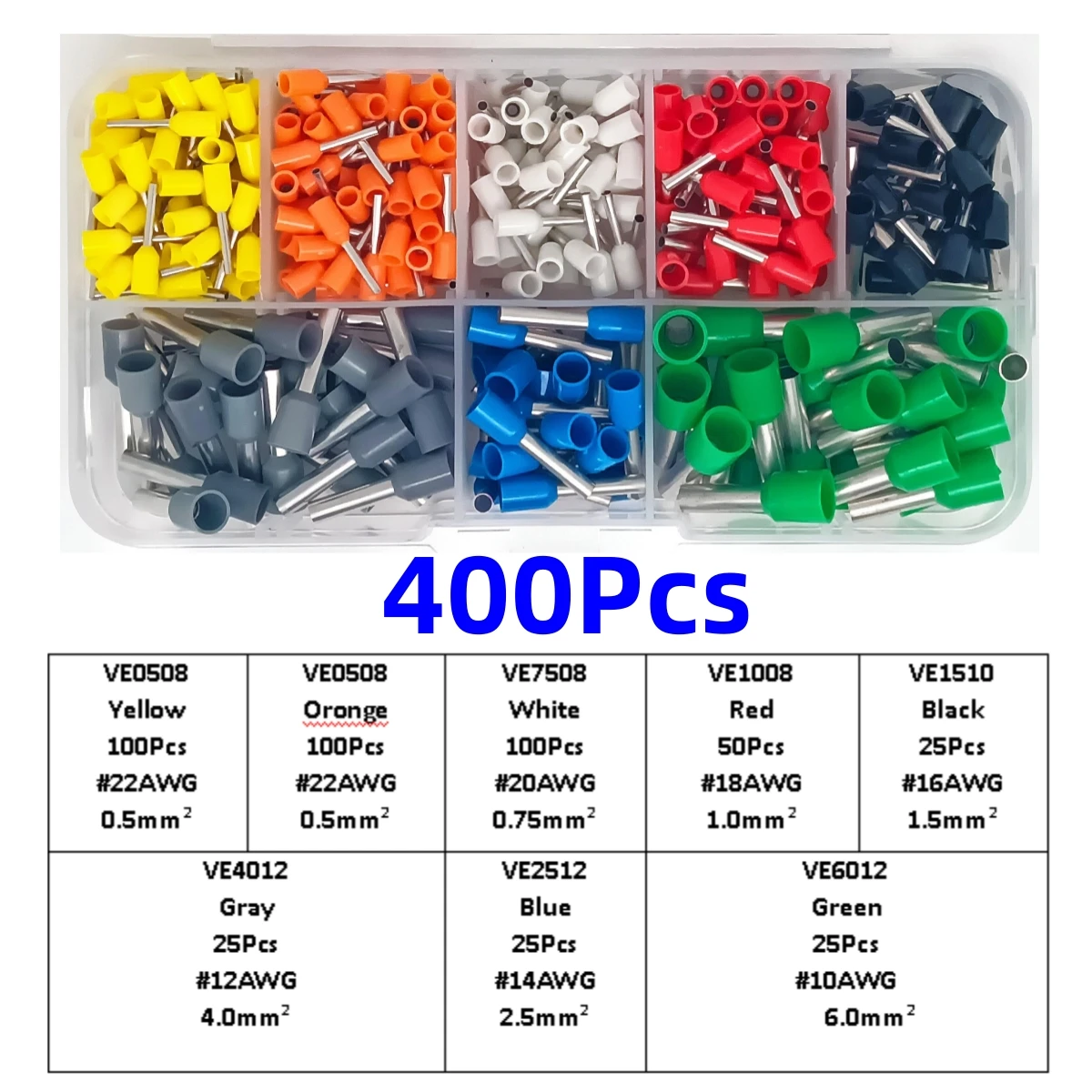 Description Picture 5 of item300-2120PCS Boxed VE Tubular Wire Terminal ， Insulated Electrical Wire Cord End Connector，Auto Cable Crimping Terminal Connector