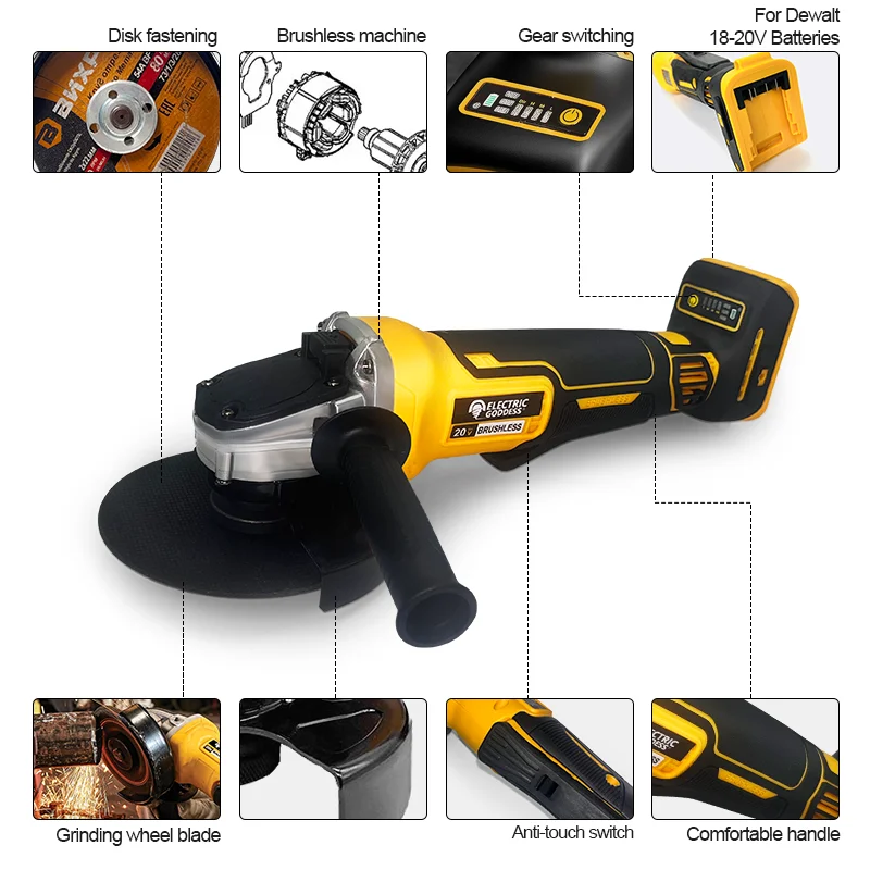 Electric Goddess DCG406 100/125MM Electric Angle Grinder Brushless Motor Metal/Wood Cutting Power Tool For Dewalt 20V Battery 4