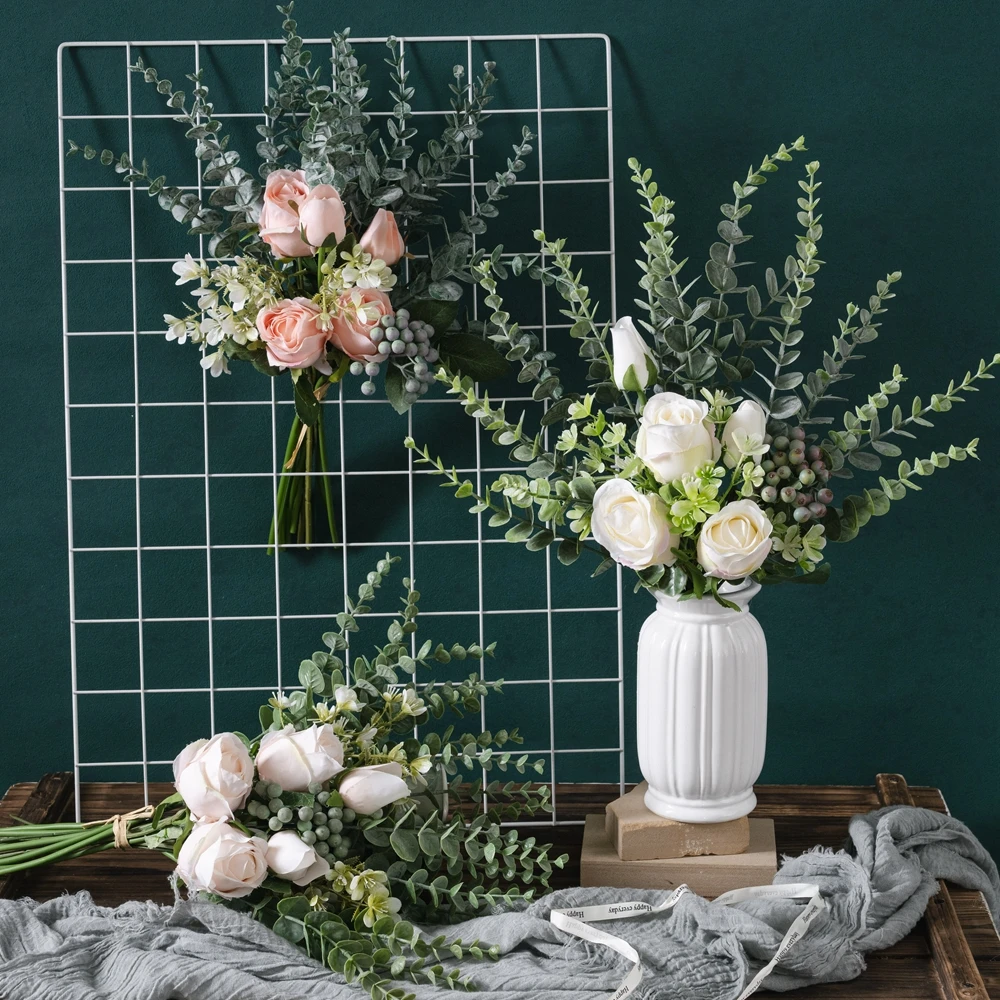 Wedding Flower Bouquet Artificial Silk Bridal Rose Eucalyptus Lucky Ball Flower Home Wedding Decor Bride Bouquet Forest Style