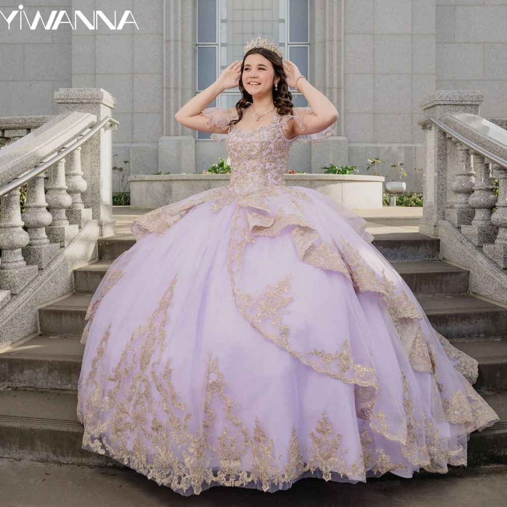 Gouden Kralen Appliques Quinceanrra Prom Jurken Sierlijk Off The Shoulder Prinses Lange Paarse Glanzende Zoete 16 Jurk Vestido