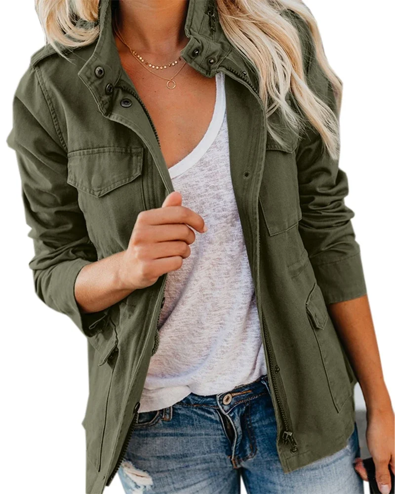 

Women Zipper Jacket Autumn Female Outerwear Long Sleeve Casual Streetwear Coat Windbreaker Anorak Stand Collar Military Jackets