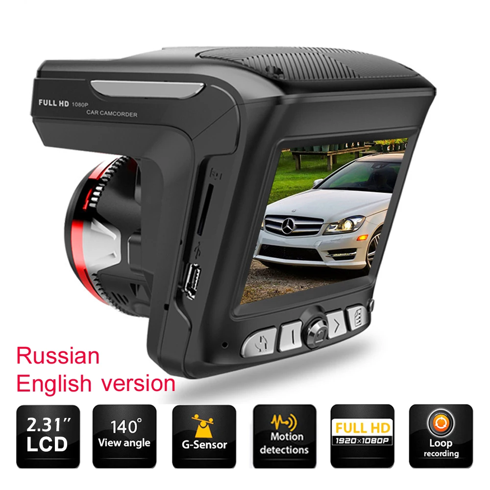 

Автомобильный видеорегистратор 3 в 1, видеорегистратор 1080P, автомобильный детектор, фиксированная точка, скорость, ночное видение, G-датчик, русская и английская версии
