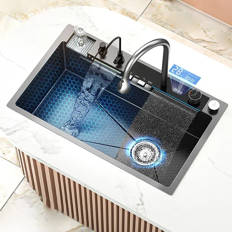 304 Stainless Steel Waterfall Kitchen Sink Large Single Slot Digital Display Faucet Set Multifunctional Wash Basin