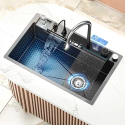 304 Stainless Steel Waterfall Kitchen Sink Large Single Slot Digital Display Faucet Set Multifunctional Wash Basin