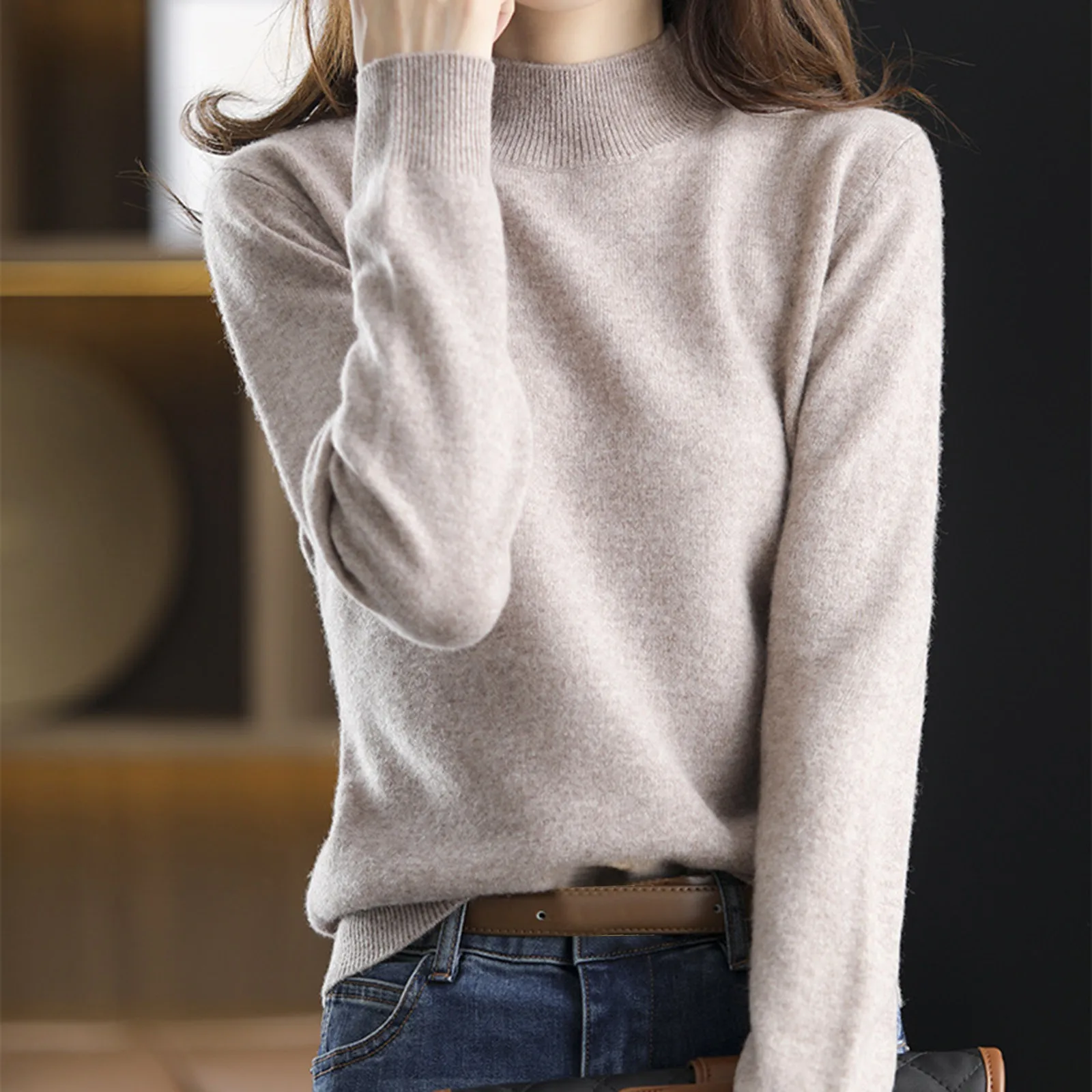 

New Half High Collar Knitted Sweater Women's Autumn And Winter Short Pullover Solid Color Loose Sweater Knit Sweaters for Women