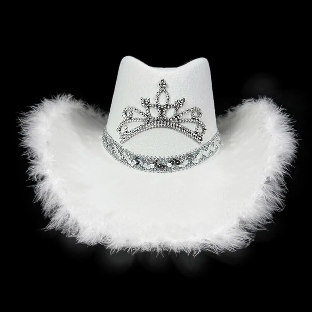 Wide Brim Pink Fur Brim Cowboy Hats Cowgirl Party Carnival Western Hats Stylish Glitter Crown Sequin Feather Caps For Women's