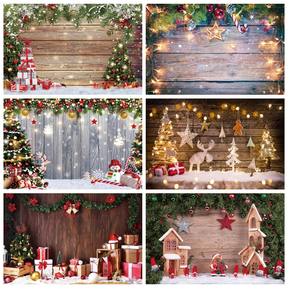 

Christmas Wooden Board Backdrop Xmas Tree Gift Snowflake Retro Wood Wall Indoor Photo Background Baby Portrait Photography Props