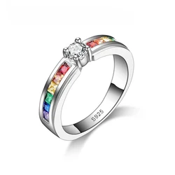 Genuine Sterling Silver Rainbow Cubic Zirconia Ring for Women - Elegant Engagement and Wedding Accessory