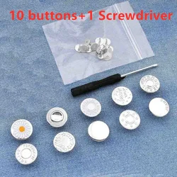 Classic Metal Jeans Buttons - Adjustable, Easy to Install, Removable & Reusable, Perfect for Denim Embellishments, Set of 10 (Mixed Silver)