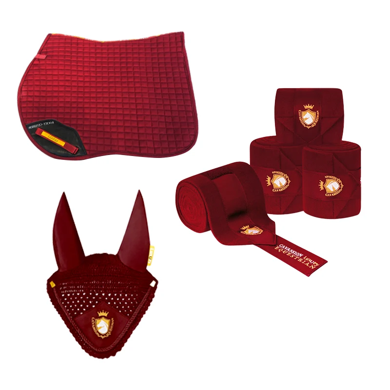 Three Equestrian Equipments For Horse Ear Cover Saddle Pad And Bandage Four Color Choice Orange Wine Red Navy And White