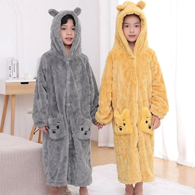 New Winter Sleepwear for Kids Fashion Children Flannel Warm Bathrobe Yellow Cartoon Bear Bath Robe Teenage Hooded Long Homewear
