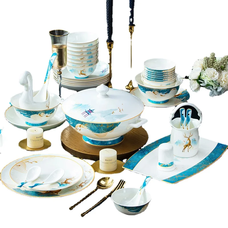 

Jingdezhen Bone China Tableware High-Grade Bowl and Dish Set Chinese Moving into the New House Bowl and Plate