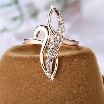 Unique Infinity Rings For Women Geometric Tree Leaf Wedding Bands Champagne Gold Color White Zircon Cocktail Ring Party Jewelry