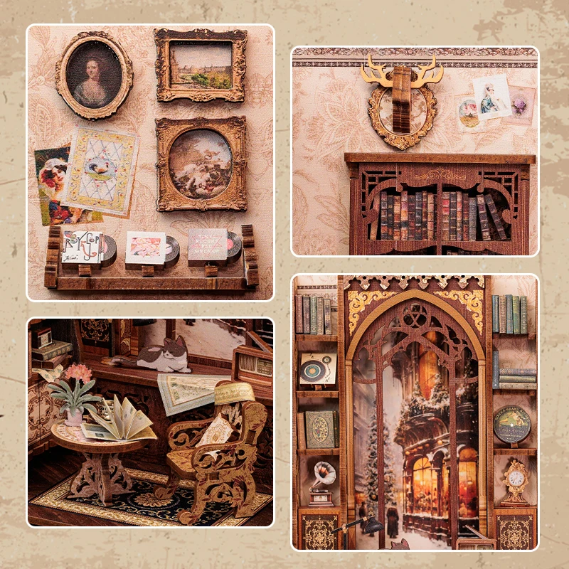 CUTEBEE DIY Book Nook Library Wooden Dollhouse with Light Bookstore Bookshelf Insert Decor for Birthday Gift Bookshop Memories 6