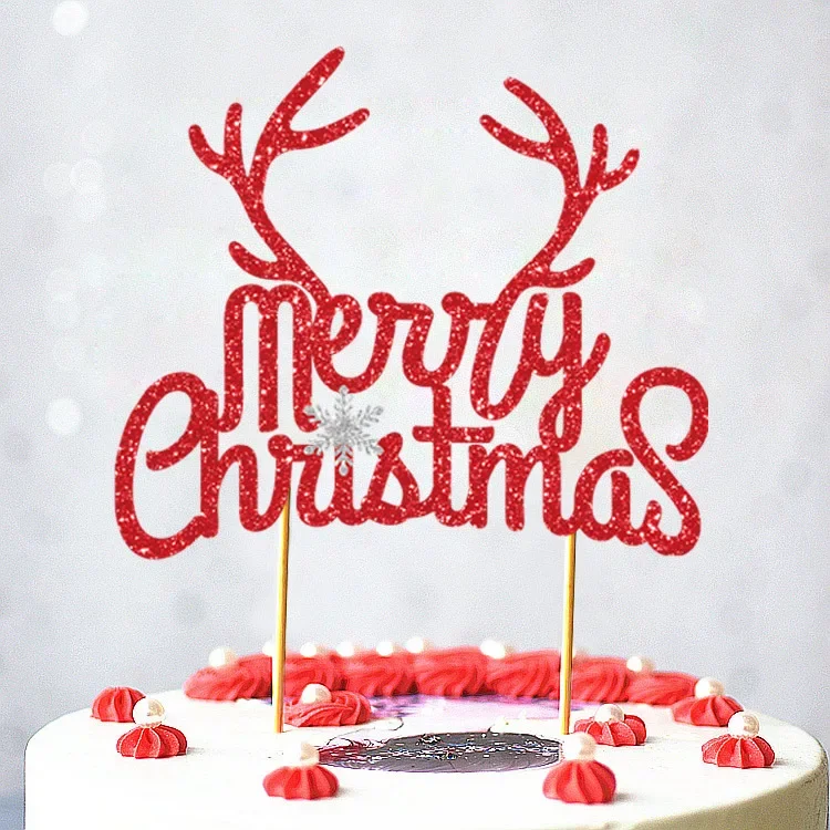 Merry Christmas With Hat Cake Topper Flags Antlers Tree Cupcake Toppers Party Decoration Happy New Year Baking Supplies DIY Xmas