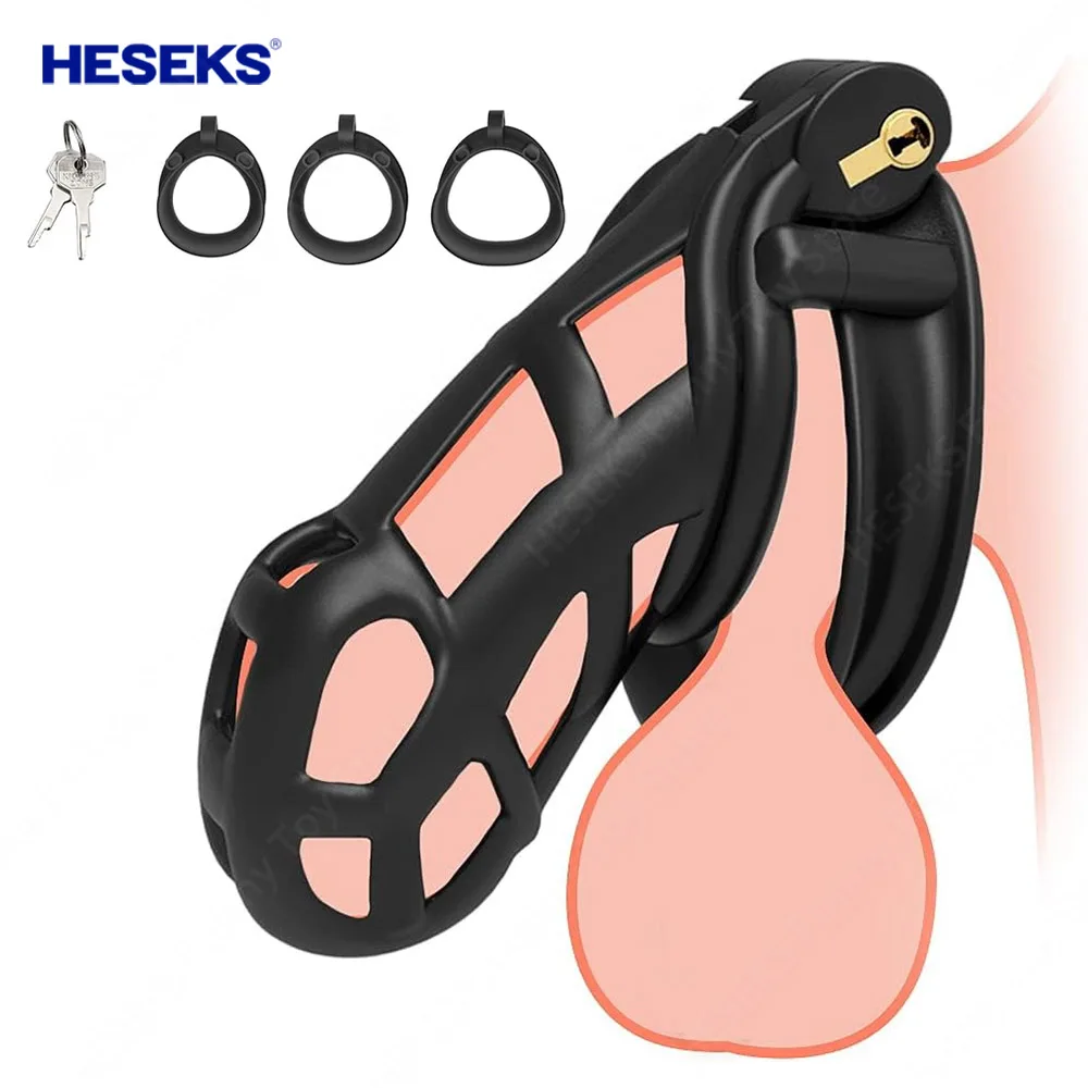 HESEKS Male Cock Cage Chastity Device With 4 Size Resin Penis Rings Discreet Cock Cage Devices Penis Exercise Sex Toy for Gay penis chastity cage chastity lock sex toy chastity cage accessory