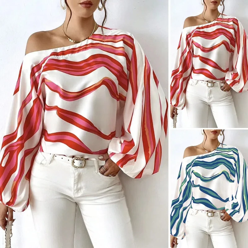 New women's clothing style off shoulder one collar printed loose top shirt 248