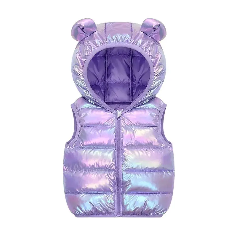 1-6Y Kids Shiny Hooded Puffer Vest Children's Colorful Metallic Sleeveless Jacket