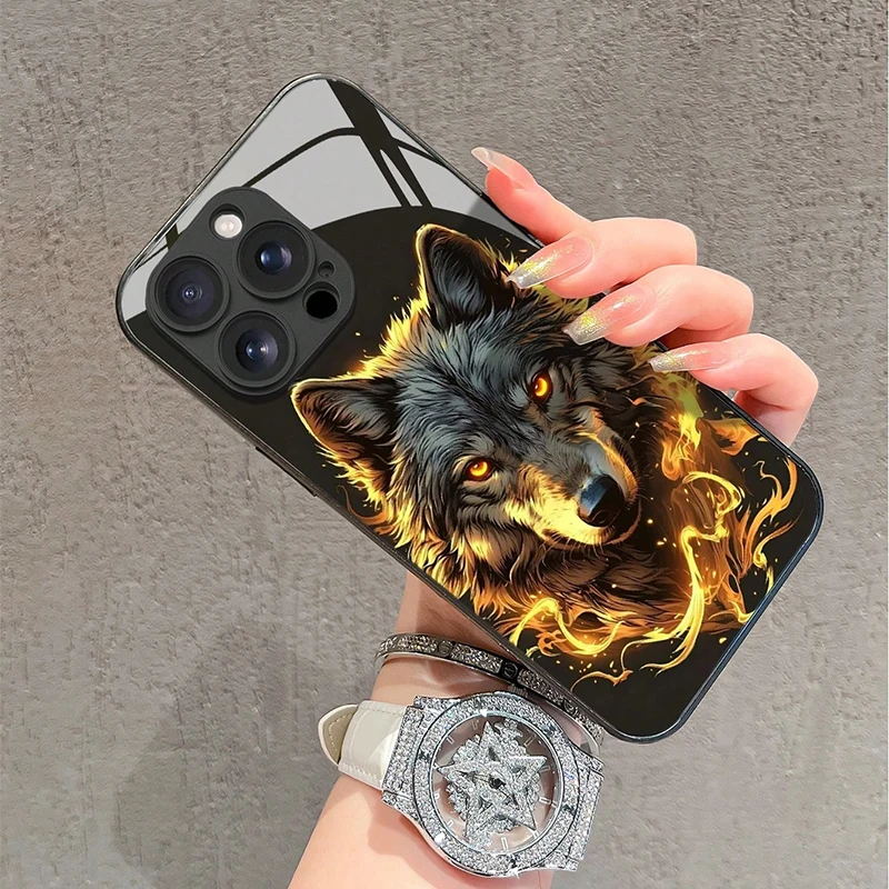 Cool Red Fierce Wolf King Graphic Tempered Glass Black Phone Case