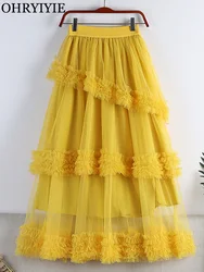 OHRYIYIE 2023 Sweet Cake Tulle Skirt Women Elegant Midi Long High Waist A Line Skirt Female Winter Yellow Green Party Skirt Lady