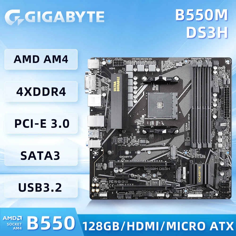 GIGABYTE B550M DS3H 마더보드, AMD B550 4 x DDR4 DIMM 2 x M.2 4 x SATA 6Gb/s 지지대, Ryzen 5000 4000 3000 시리즈 프로세서용 
