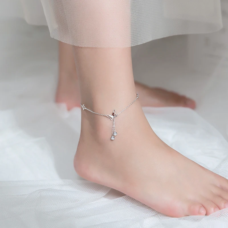 Modian Radiant Zircon Cute Butterfly Tassel Anklet for Women 925 Sterling Silver Adjustable Insect Fine Jewelry