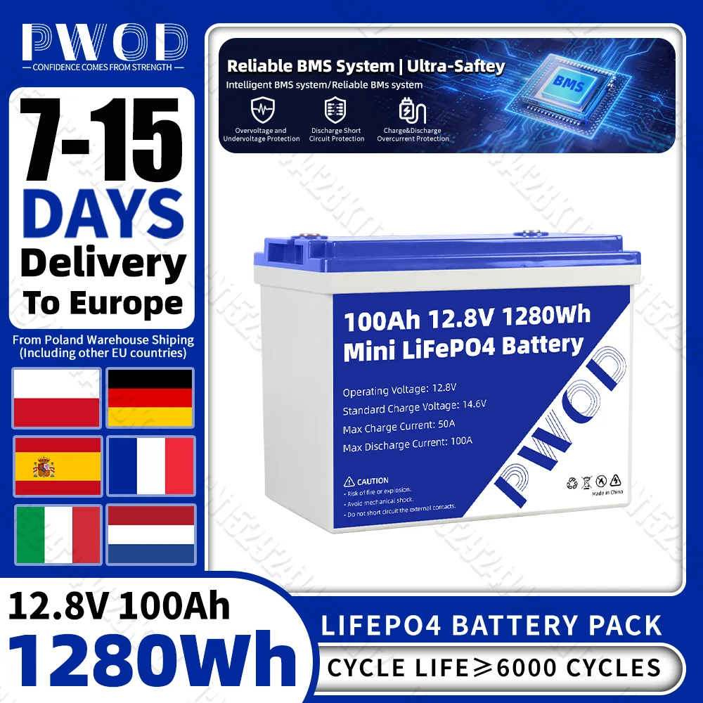 Akumulator LiFePO4 PWOD 12V 100AH, grupa BCI 24, 6000 cykli, ogniwo litowo-żelazowo-fosforanowe do łodzi/samochodu/układu magazynowania energii, dostępne w UE.