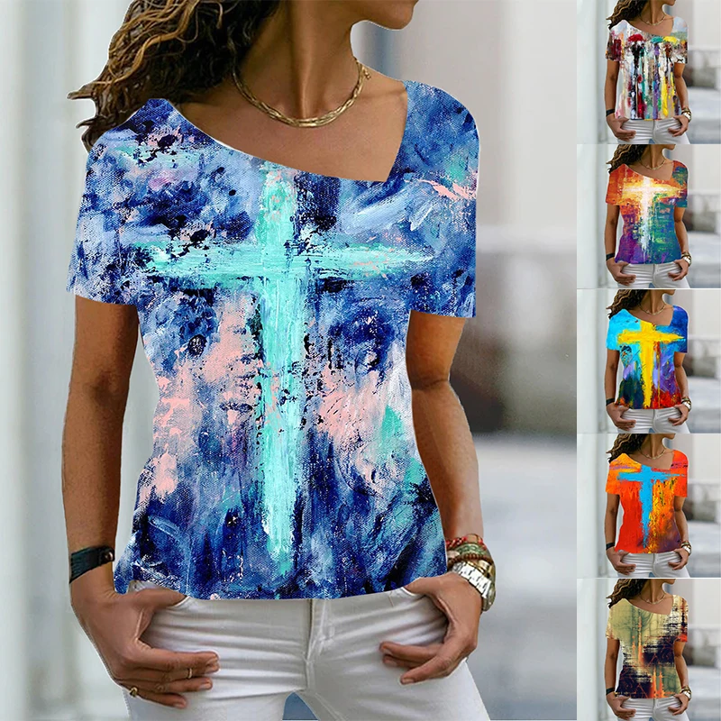 

2022 Summer Women's Fashion Printed 3D Theme Abstract Geometric T Shirt V Neck Basic Tops Plus Size Print Shirt 6XL Pullover New
