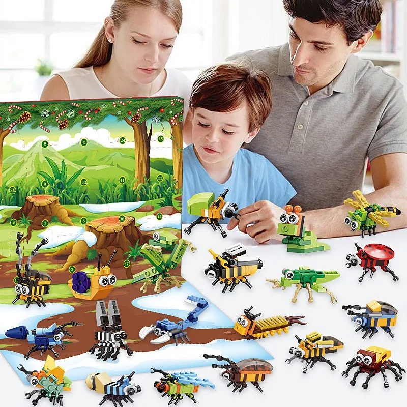 Christmas Countdown Calendar Building Blocks Christmas Advent Calendar Box Toy for Kids Animal Insects DIY Building Bricks Model Xmas Gift