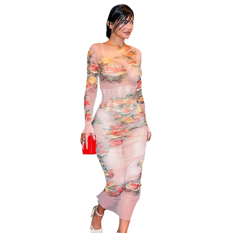 

Women's Fashion Summer Mesh Midi Dress Print Sexy Perspective Round Neck Enchanting Sheer Floral Dresses Lantern Sleeve