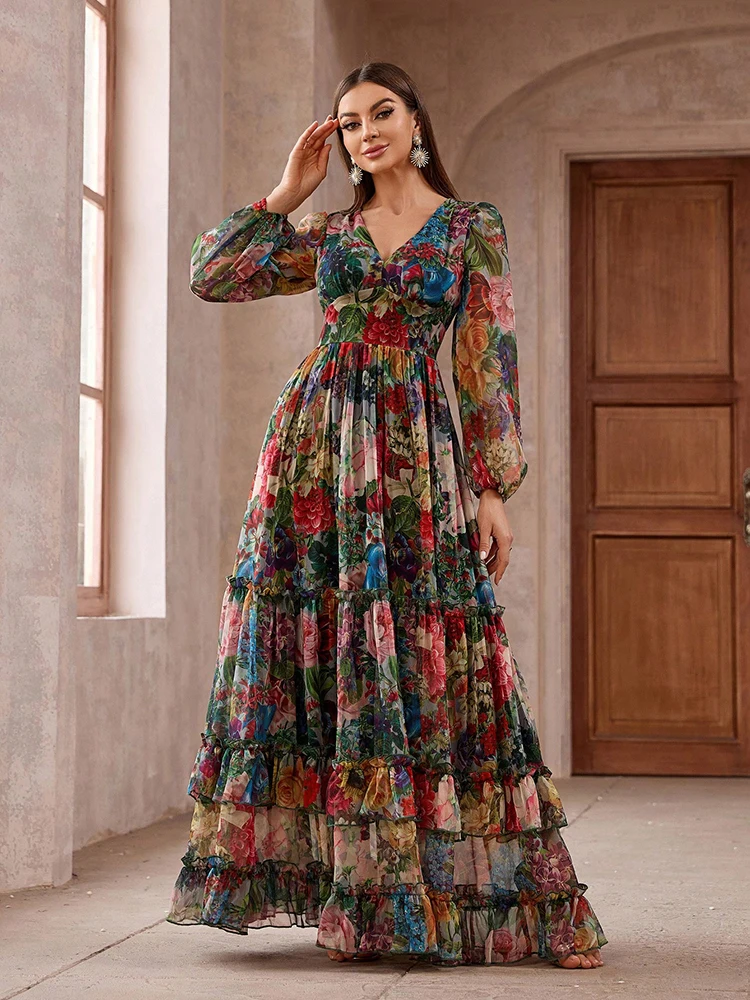 Floral Long Dress For Women Higustar - Boho , Rayon Fabric Mexican  Embroidered Dress