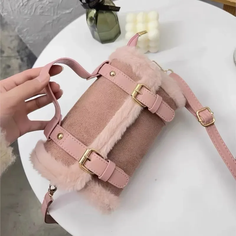 Sweet Cute Pink Handbag Women Studded Fuzzy Trim Large Capacity Shoulder Bags Ladies Gentle Fashion Niche Design Crossbody Bag