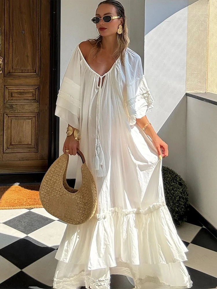 Elegant White Ruffle Maxi Dress For Women Summer Puff Sleeve Drawstring Tassel Pleated Beach Long Dress Lady Holiday Party Robes