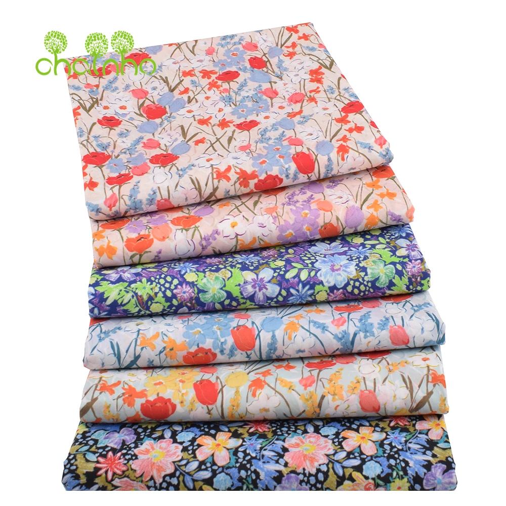 Chainho,Printed Plain Weave Poplin Cotton Fabric,DIY Quilting Sewing Material,Patchwork Cloth,Floral Series,2 Sizes,15PC209