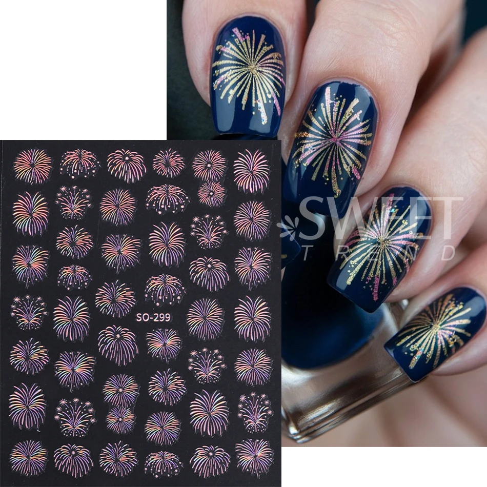 3pcs Sparkle Firework Nail Stickers Self Adhesive Laser Gold Silver Blooming Firework Design Nail Decals New Year Manicure Decor