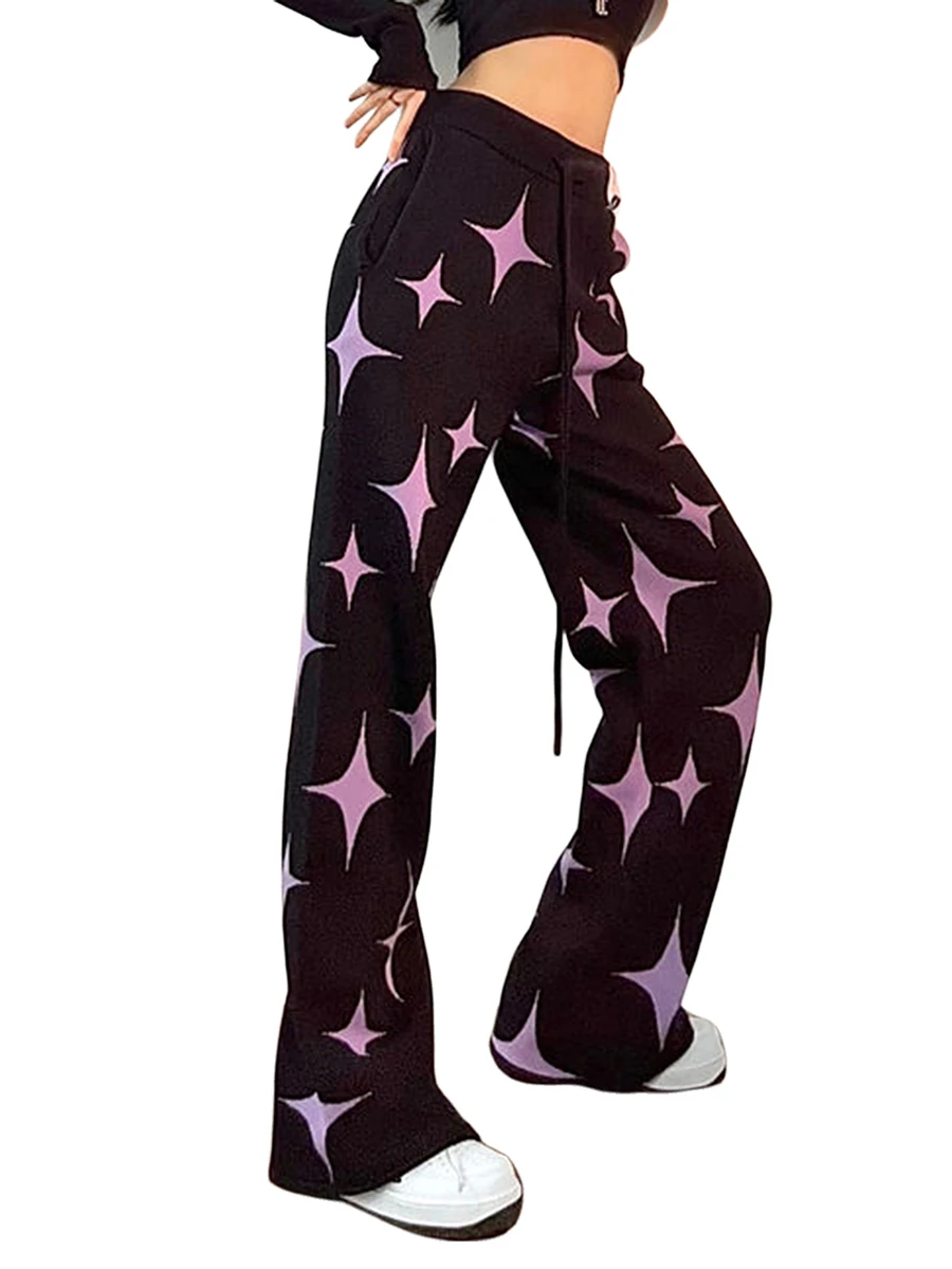 

Women Wide Leg Pants Vintage High Waist Stars Trousers with Pockets for Casual Party Street